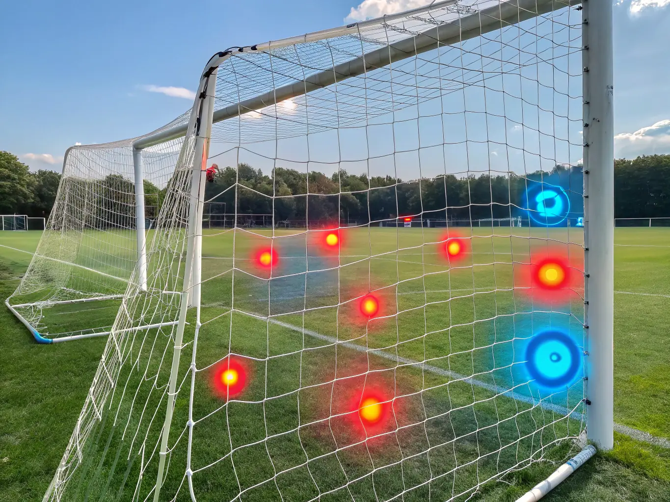 A detailed visualization of an Expected Goals (xG) chart, highlighting the probability of scoring from different shot locations on a soccer field. The image should clearly show the varying xG values associated with different areas of the field.