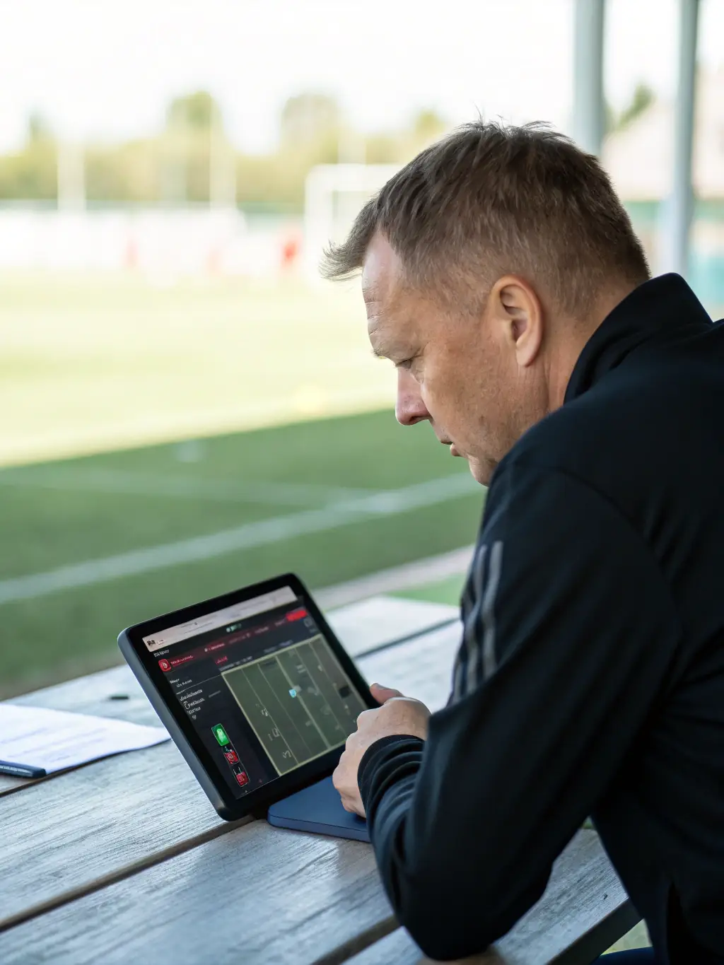 A focused image of a soccer player analyzing data on a tablet during a break in training, showcasing the integration of analytics in real-time decision-making.
