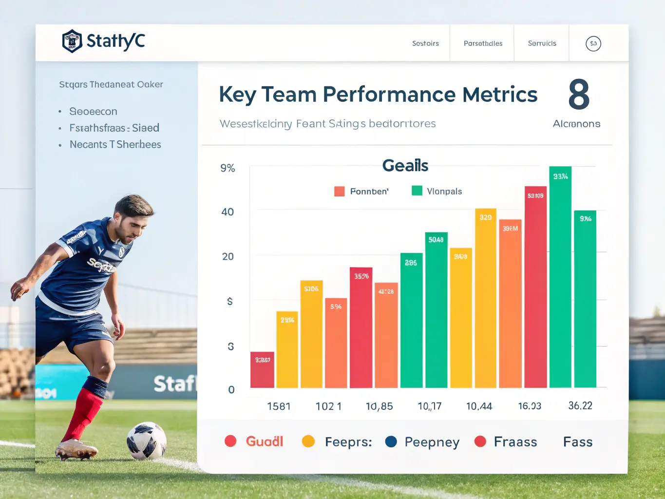 A graphical display of team performance data, including key metrics such as possession, passing accuracy, and defensive efficiency. The image should provide a comprehensive overview of a team's strengths and weaknesses.