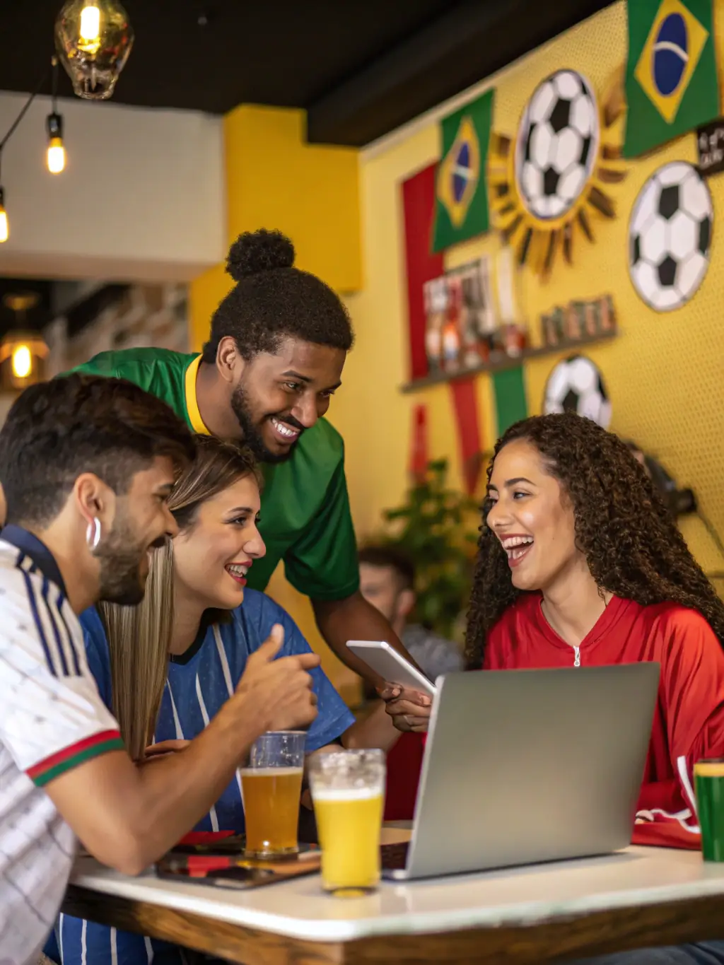 An image of a diverse group of soccer fans excitedly watching a game, symbolizing the community and shared passion for data-driven soccer betting.